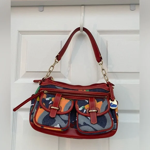 Vintage Dooney & Bourke RARE Red Paint-splash Small Banana Baguette Bag NWOT - Picture 1 of 16